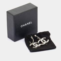 Chanel Silver Tone Baguette Crystal CC Dangle Earrings