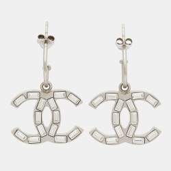 Chanel Silver Tone Baguette Crystal CC Dangle Earrings