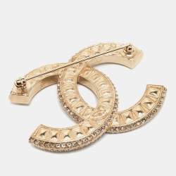 Pre Owned Chanel Pale Gold Tone Crystal Baguette CC Brooch