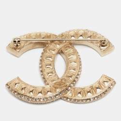 Pre Owned Chanel Pale Gold Tone Crystal Baguette CC Brooch