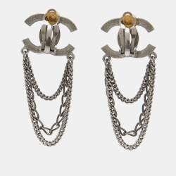 Chanel Gunmetal Tone CC Triple Chain Clip-On Earrings 
