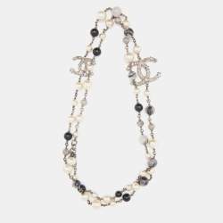 Pre Owned Chanel Silver Tone Faux Pearl & Beaded Star CC Long Necklace