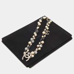 Pre Owned Chanel Silver Tone Faux Pearl & Beaded Star CC Long Necklace