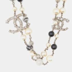 Pre Owned Chanel Silver Tone Faux Pearl & Beaded Star CC Long Necklace
