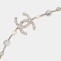 Pre Owned Chanel Silver Tone Faux Pearl & Beaded Star CC Long Necklace