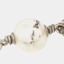 Pre Owned Chanel Silver Tone Faux Pearl & Beaded Star CC Long Necklace