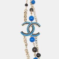 Chanel Gold Tone Blue Beaded Crystal CC Multi Layered Long Necklace