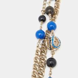 Chanel Gold Tone Blue Beaded Crystal CC Multi Layered Long Necklace