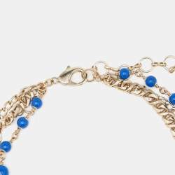 Chanel Gold Tone Blue Beaded Crystal CC Multi Layered Long Necklace