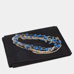 Chanel Gold Tone Blue Beaded Crystal CC Multi Layered Long Necklace