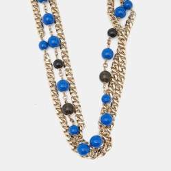 Chanel Gold Tone Blue Beaded Crystal CC Multi Layered Long Necklace