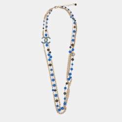 Chanel Gold Tone Blue Beaded Crystal CC Multi Layered Long Necklace