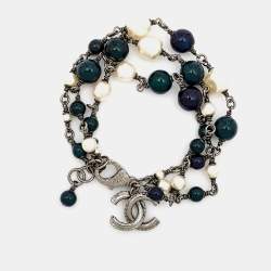 Pre Owned Chanel CC  Beads Enamel Faux Pearl Gunmetal Tone Bracelet