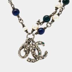 Pre Owned Chanel CC  Beads Enamel Faux Pearl Gunmetal Tone Bracelet