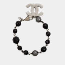 Pre Owned Chanel CC Faux Pearl Beads Gunmetal Tone Bracelet