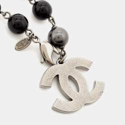 Pre Owned Chanel CC Faux Pearl Beads Gunmetal Tone Bracelet