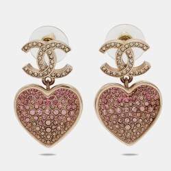 Pre Owned Chanel CC Resin Crystals Gold Tone Heart Drop Earrings