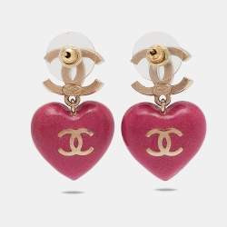 Pre Owned Chanel CC Resin Crystals Gold Tone Heart Drop Earrings