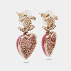 Pre Owned Chanel CC Resin Crystals Gold Tone Heart Drop Earrings