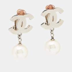 Pre Owned Chanel CC Faux Pearl Silver Tone Earrings