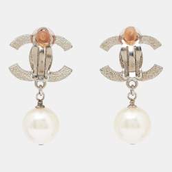 Pre Owned Chanel CC Faux Pearl Silver Tone Earrings