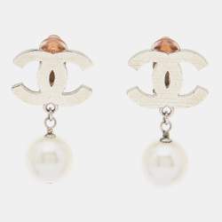 Pre Owned Chanel CC Faux Pearl Silver Tone Earrings