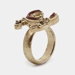 Pre Owned Chanel CC Enamel Gold Tone Ring Size 52