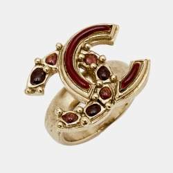 Pre Owned Chanel CC Enamel Gold Tone Ring Size 52