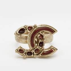 Pre Owned Chanel CC Enamel Gold Tone Ring Size 52