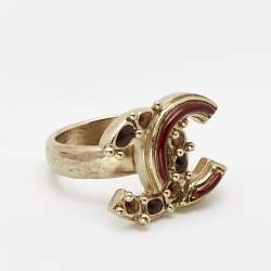 Pre Owned Chanel CC Enamel Gold Tone Ring Size 52