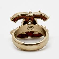 Pre Owned Chanel CC Enamel Gold Tone Ring Size 52