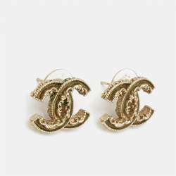 Pre Owned Chanel CC Enamel Gold Tone Earrings