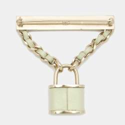 Pre Owned Chanel CC Lock Leather Gold Tone Brooch