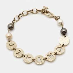 Pre Owned Chanel CC Crystals Faux Pearl Gold Tone Bracelet