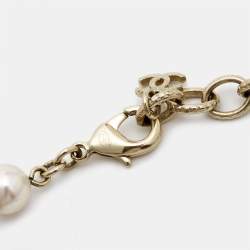 Pre Owned Chanel CC Crystals Faux Pearl Gold Tone Bracelet