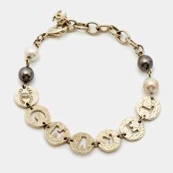 Pre Owned Chanel CC Crystals Faux Pearl Gold Tone Bracelet