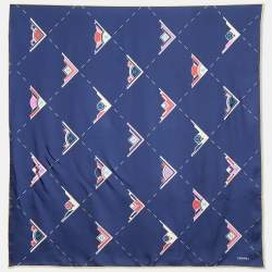 Chanel Navy Blue Geometric Logo Print Silk Scarf