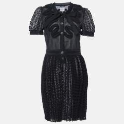Pre Owned Chanel Black Patterned Knit Neck Tie Detailed Short Dress M