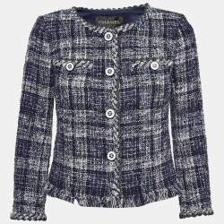 Pre Owned Chanel Blue Fringed Tweed Jacket S