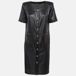 Chanel Black Metallic Lurex Knit Button Front Shift Dress M