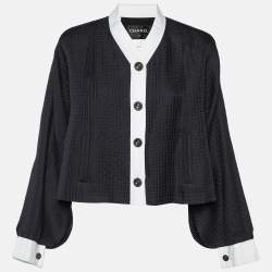 Chanel Navy Blue Silk & Cotton Button Front Jacket M