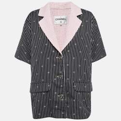 Chanel Black/Pink CC Stripe Cotton Tweed Trim Jacket S