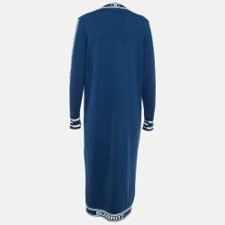 Pre Owned Chanel Blue Logo Patterned Cashmere Knit Cardigan M