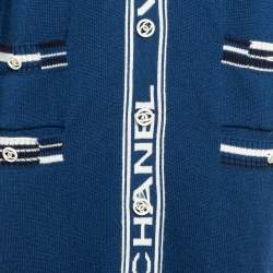 Pre Owned Chanel Blue Logo Patterned Cashmere Knit Cardigan M