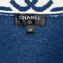 Pre Owned Chanel Blue Logo Patterned Cashmere Knit Cardigan M