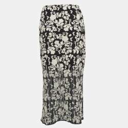 Pre Owned Chanel Black Floral Patterned Knit Midi Skirt S 