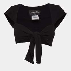 Pre Owned Chanel Black Textured Crepe Front Tie Detail Crop Top M