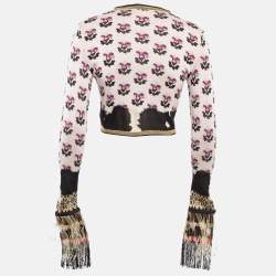 Chanel Pink Floral Pattern Knit Feather Fringe Detail Cropped Cardigan S