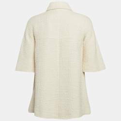 Chanel White Textured Cotton Pearl Button Detail Zip-Up Jacket M