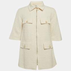 Chanel White Textured Cotton Pearl Button Detail Zip-Up Jacket M